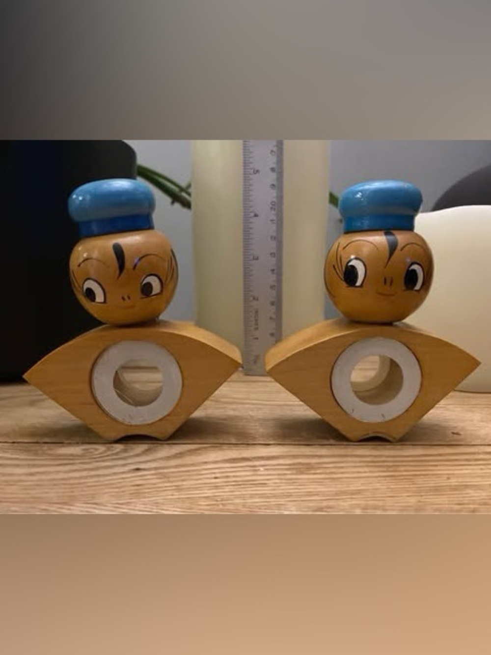 Vintage MCM Wooden Salt & Pepper Shakers Set Japan Blue Caps Sculptural Atomic